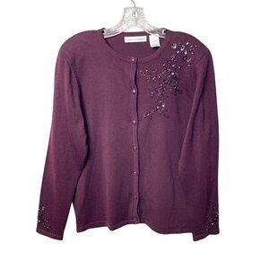 Vtg Drapers & Damons Beaded Button-Front Cardigan Sweater Sz M Purple Wool Blend